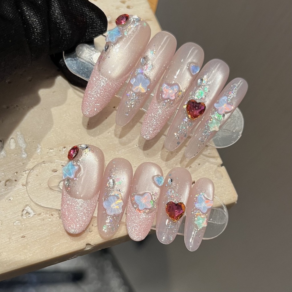 5in1 Toolkit + HADMADEPress On Nails Pink Cats Eye Sugar French Phototherapy เล็บปลอมเล็บเทียมนํากลับมาใช้ใหม่ได้