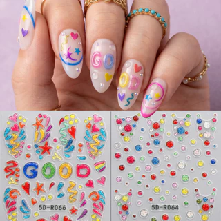 HAMA 5D Coquette สติกเกอร์เล็บน่ารัก Jelly Ribbon Star ตัวอักษรหมี Kawaii สไตล์เกาหลี Aurora 3D บรรเทา Self-Adhesive เล็บ Decals