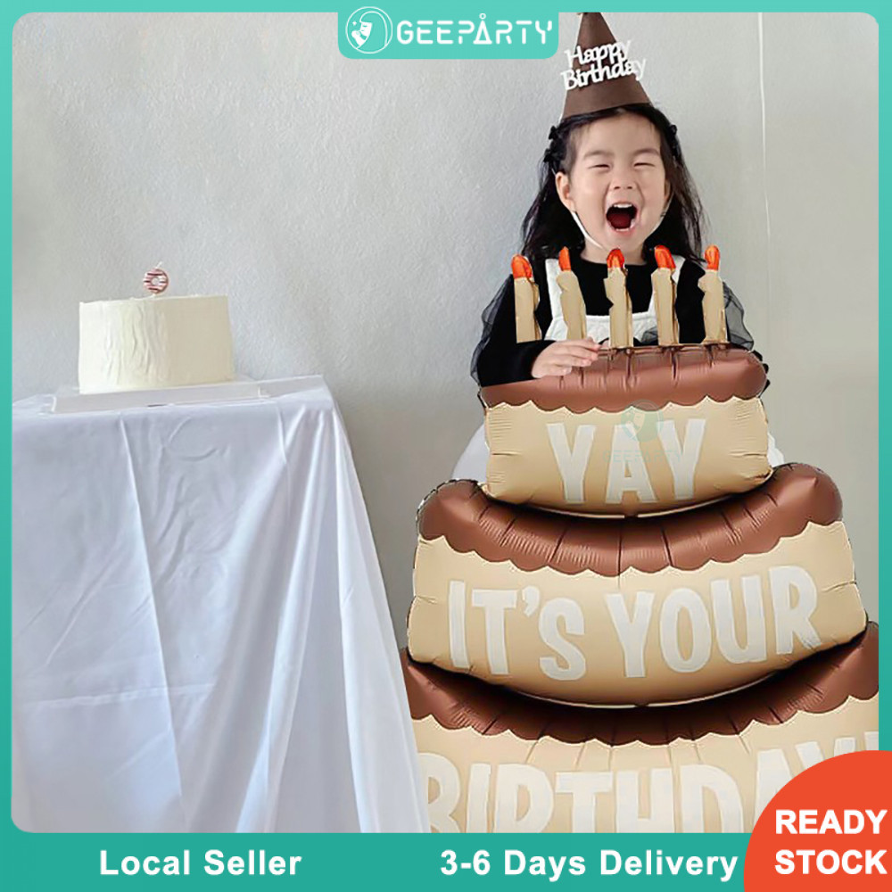 GeeParty ลูกโป่งเค้กวันเกิด 3 มิติ ขนาดใหญ่ รสครีมกาแฟ พร้อมลูกโป่งฟอยล์รูปเค้ก 3 ชั้นและเทียน สำหรับตกแต่งงานวันเกิด