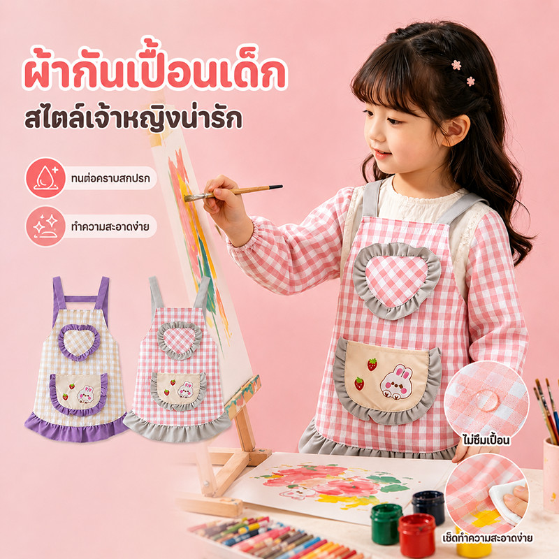 ผ้ากันเปื้อนเด็ก ผ้ากันเปื้อนเด็กผู้หญิงการ์ตูน สไตล์เจ้าหญิงน่ารัก ทนต่อคราบสกปรก ทำความสะอาดง่าย