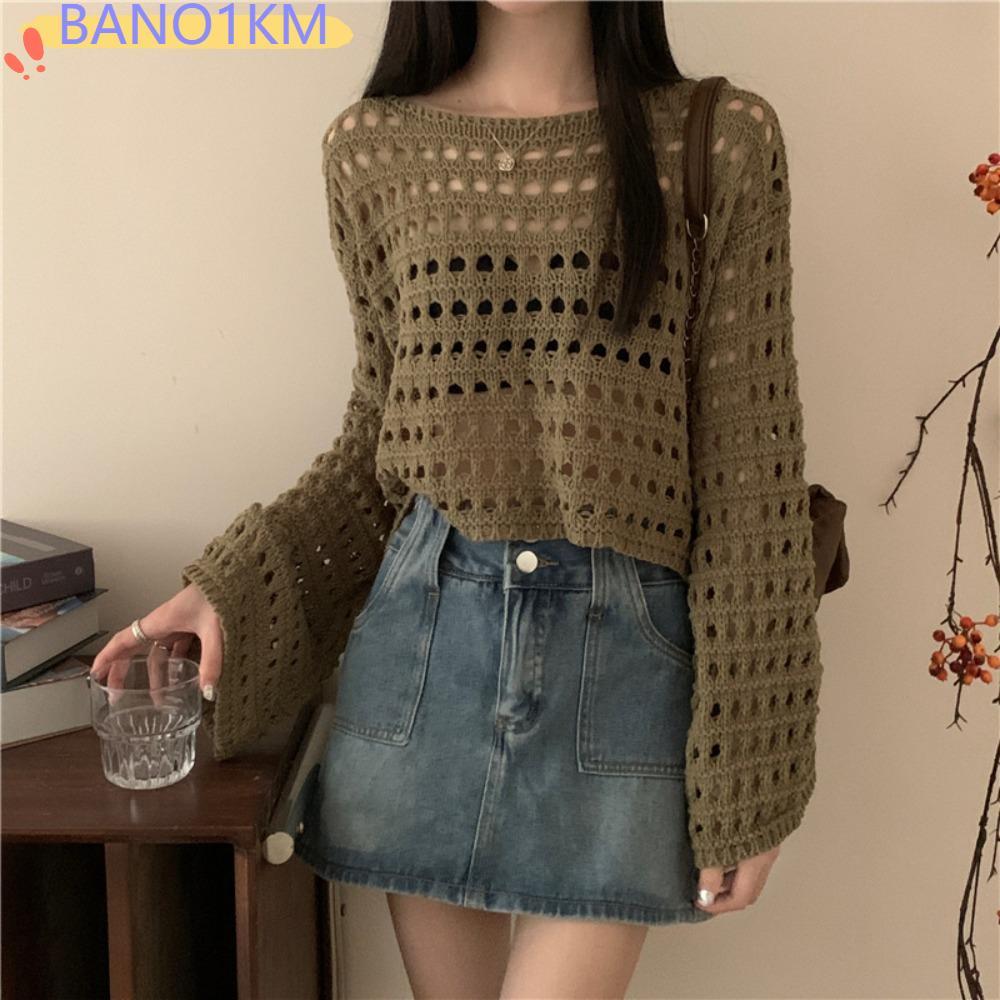 BANO1KM Hollow Out เสื้อเบลาส์, แขนยาวซีทรูถักด้านบน, Y2k O-คอชายหาดวันหยุดหลวมถักเสื้อสเวตเตอร์ถักช