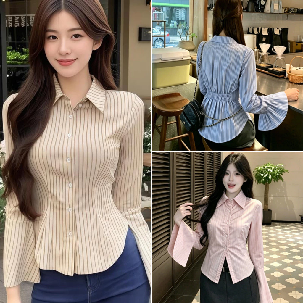 Bella Shop เสื้อเชิ้ตแขนยาวแฟชั่นสำหรับผู้หญิง เสื้อเชิ้ตลายทางสีน้ำเงินแขนบาน สไตล์สลิมฟิต สไตล์เกาหลี ทรงสวย