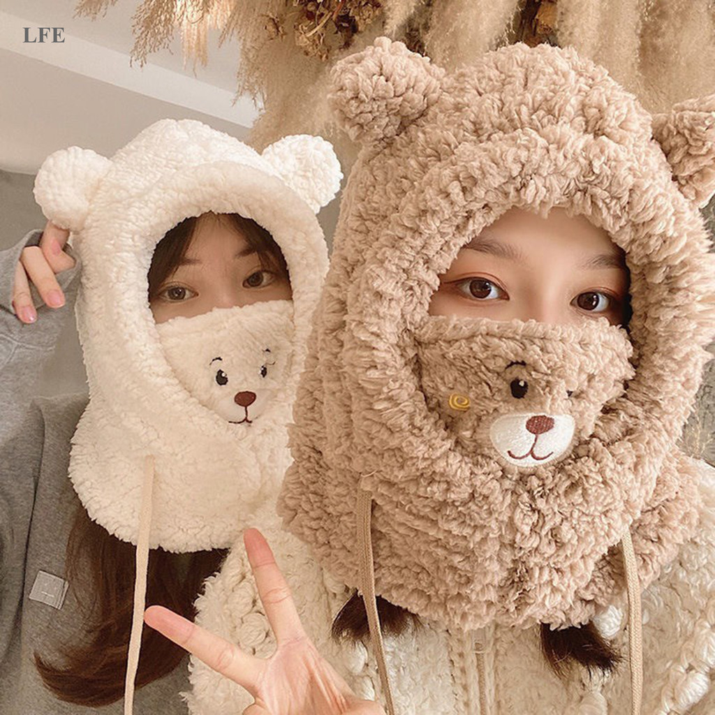 LFE กลางแจ้ง Skullies Beanies หมวกฤดูหนาวการ์ตูนตุ๊กตาหมวกน่ารักหมีหู Fluffy หมวกฤดูหนาว Windproof B