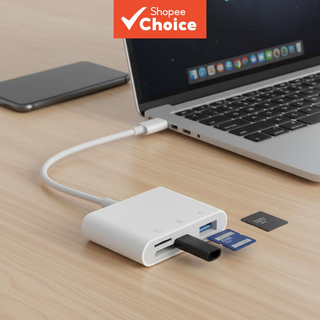อะแดปเตอร์ทูอินวัน USB C OTG, เครื่องอ่านการ์ด SD และพอร์ตชาร์จ สําหรับ iPhone 16/15 Pro Max และ Mac