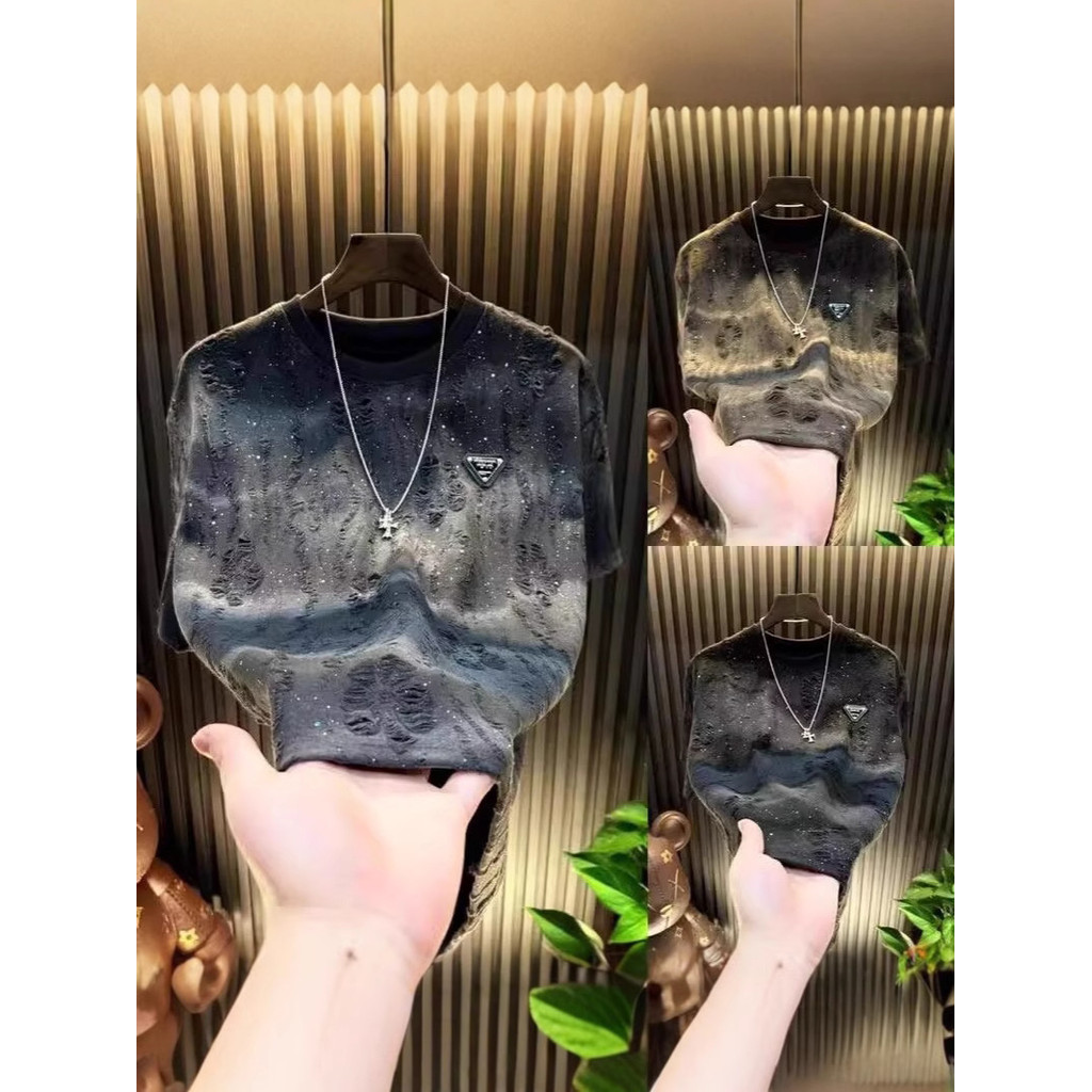 2025 สไตล์ใหม่สถานียุโรป Gypsophila ผู้ชายแขนสั้นหรูหรา High-Fixed ครึ่งแขนรอบคอแฟชั่นอินเทรนด์ยุโรป