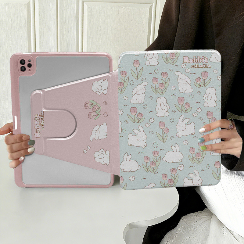 360 หมุนสําหรับ Huawei MatePad 12X 2026 11.5s SE 11 11.5 PaperMatte 2025 Honor Pad X9a V9 x9 X8A ทิวลิปกระต่ายน่ารักพิมพ์กรณีพร้อมช่องเสียบปากกา