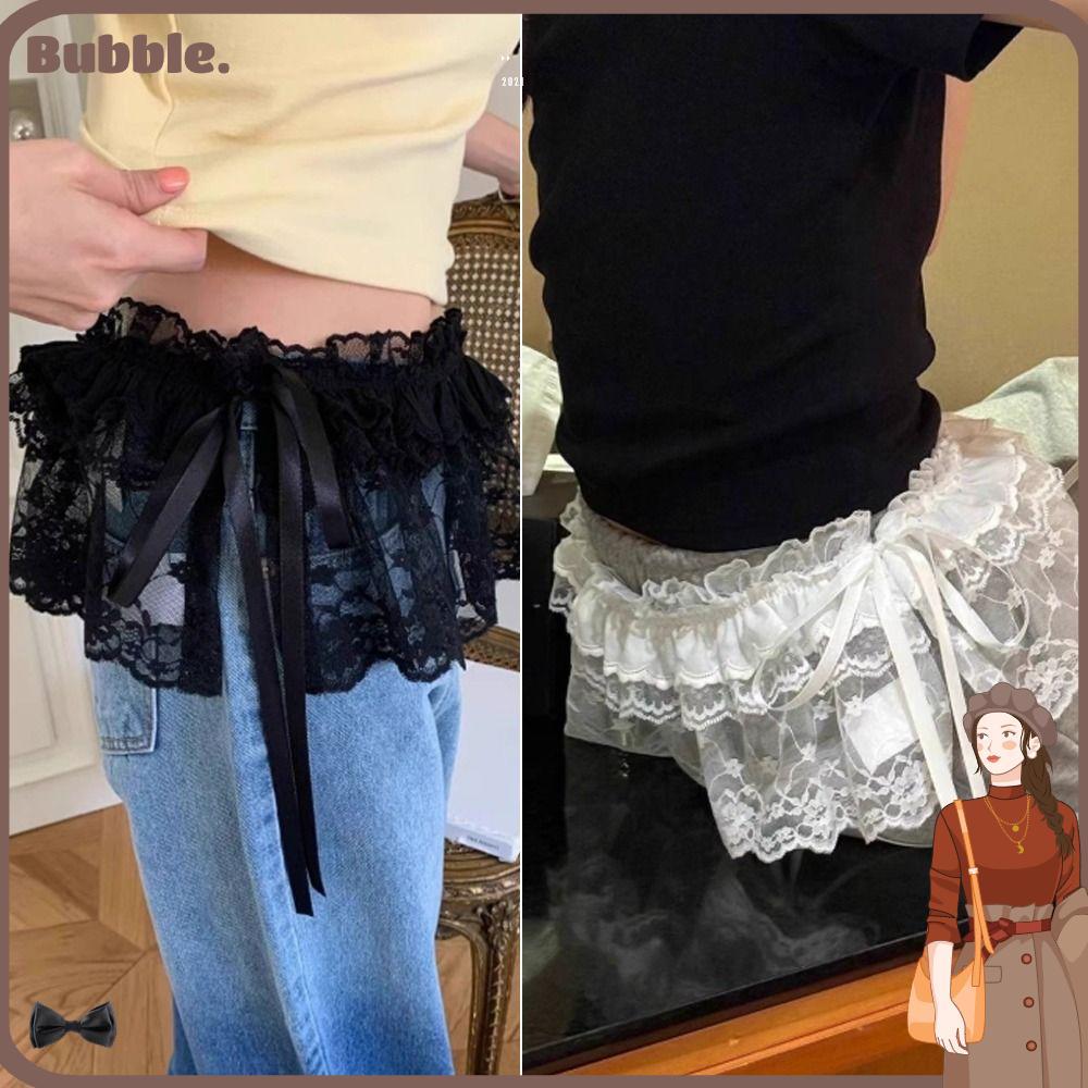 BUBBLE ลูกไม้มินิกระโปรง, Harajuku ดูผ่าน Lace Up Ruffles กระโปรง, Y2K Streetwear ปักดอกไม้ Ruched กระโปรงกางเกงยีนส์ตกแต่ง