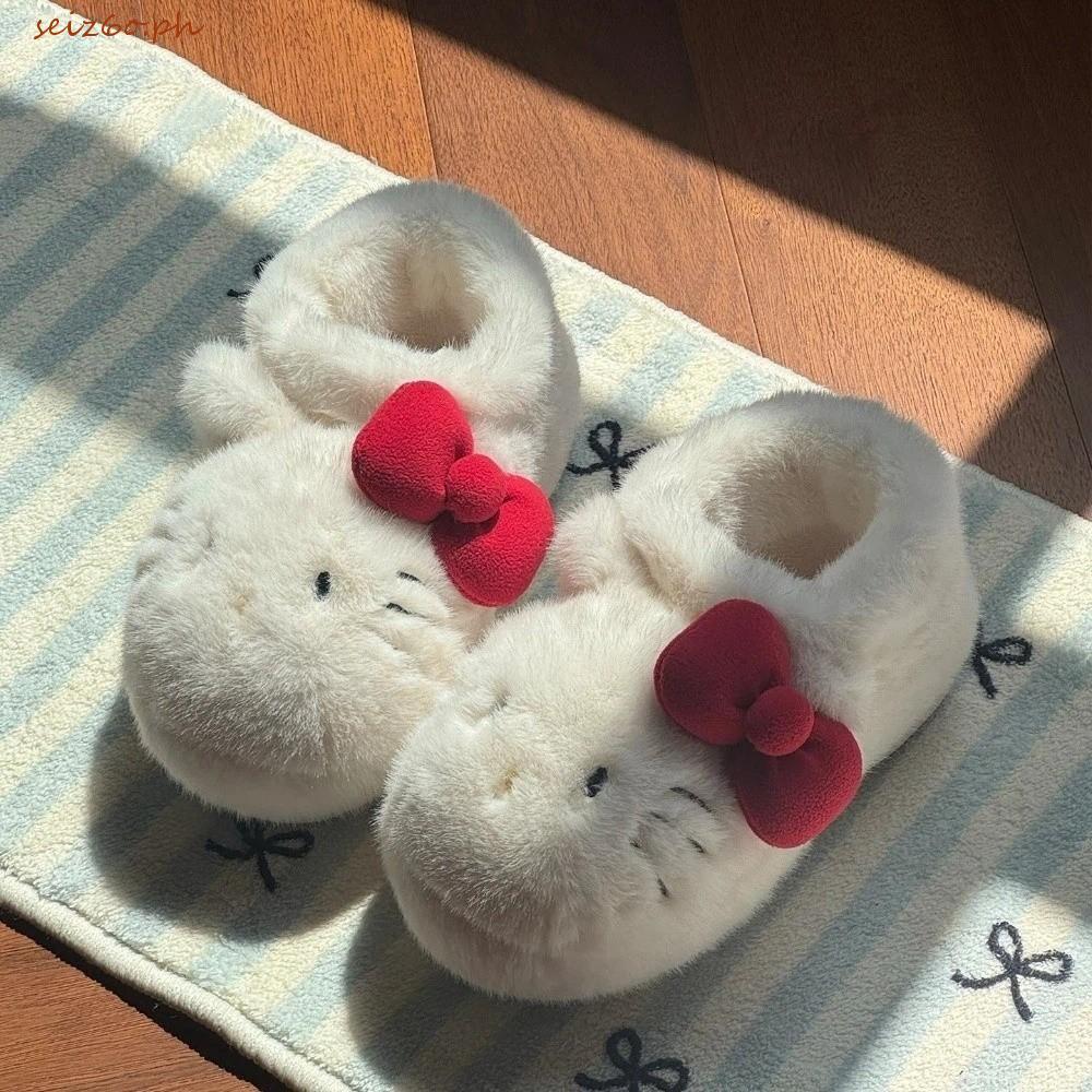 SEIZ6O รองเท้าแตะตุ๊กตา Kitty, High-top Bow KT Cat รองเท้าแตะขนสัตว์อุ่น, Kawaii สีขาวสีแดงปุยนักเรี