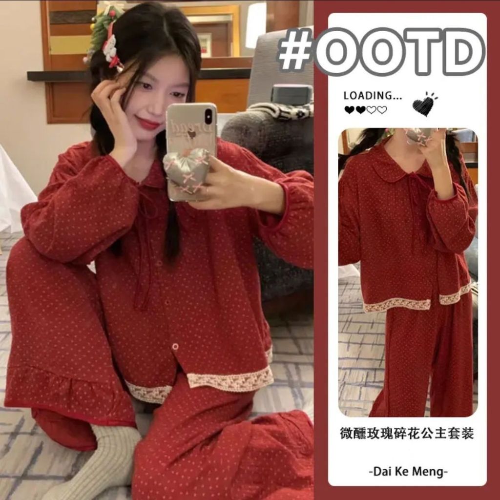 ฤดูใบไม้ร่วงสไตล์พระราชวังดอกไม้สีแดงน่ารักลูกไม้คอตุ๊กตาแขนยาว ชุดลําลอง ชุดนอนผู้หญิงสูท WPB7