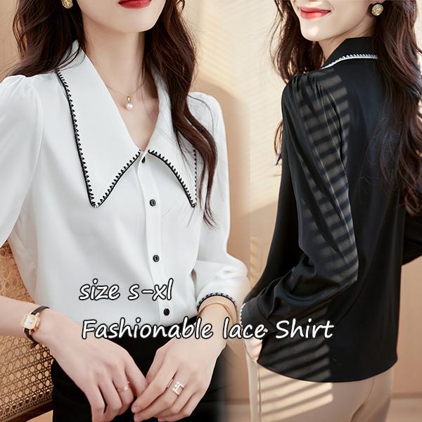 mimi&didi#เสื้อเชิ้ตสีตัดกันไซส์ใหญ่แขนยาวสีขาว คอปกตุ๊กตา เสื้อทำงานสไตล์คนทำงานออฟฟิศ สำหรับผู้หญิง#99311
