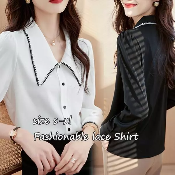 mimi&didi#เสื้อเชิ้ตสีตัดกันไซส์ใหญ่แขนยาวสีขาว คอปกตุ๊กตา เสื้อทำงานสไตล์คนทำงานออฟฟิศ สำหรับผู้หญิง#99311