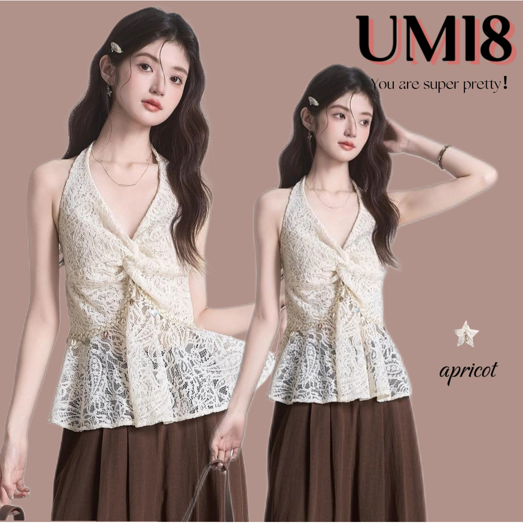 UMI8💝【ในสต็อก】💝เสื้อสายเดี่ยวผู้หญิงสไตล์ฝรั่งเศส คอวี ประดับลูกไม้ ผูกปม เปิดหลัง สวย เซ็กซี่ และทันสมัย