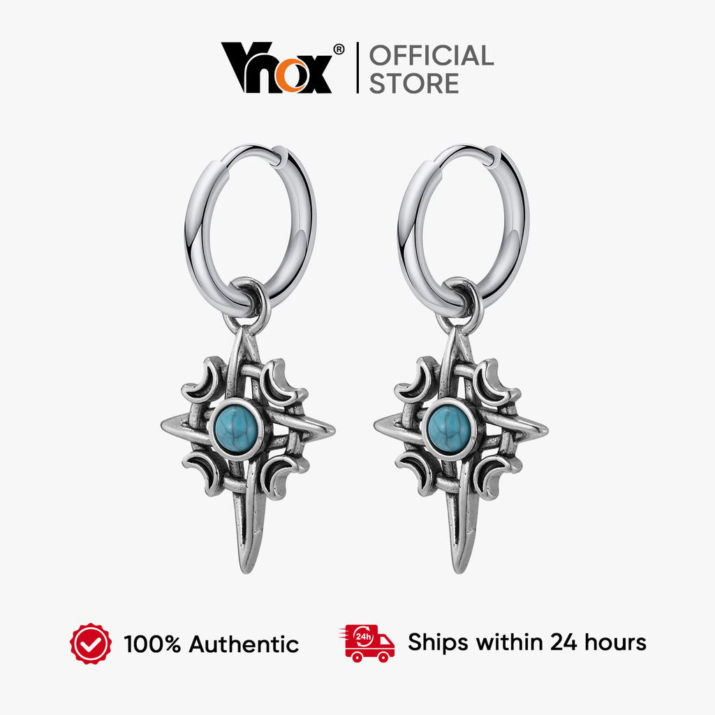 Vnox Turquoise Moon Star Celtic North Star Dangle ต่างหูสําหรับผู้ชายผู้หญิงสแตนเลส Gothic เครื่องประดับของขวัญ