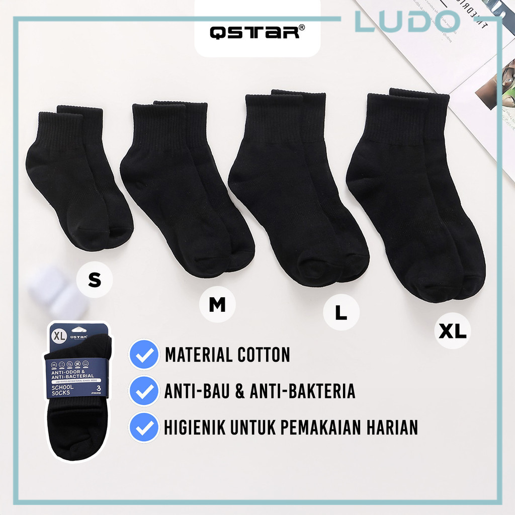 (1 PAIR/3 PAIRS) QSTAR Premium School Socks Cotton / Stokin Sekolah Hitam, ป้องกันกลิ่นป้องกันแบคทีเ