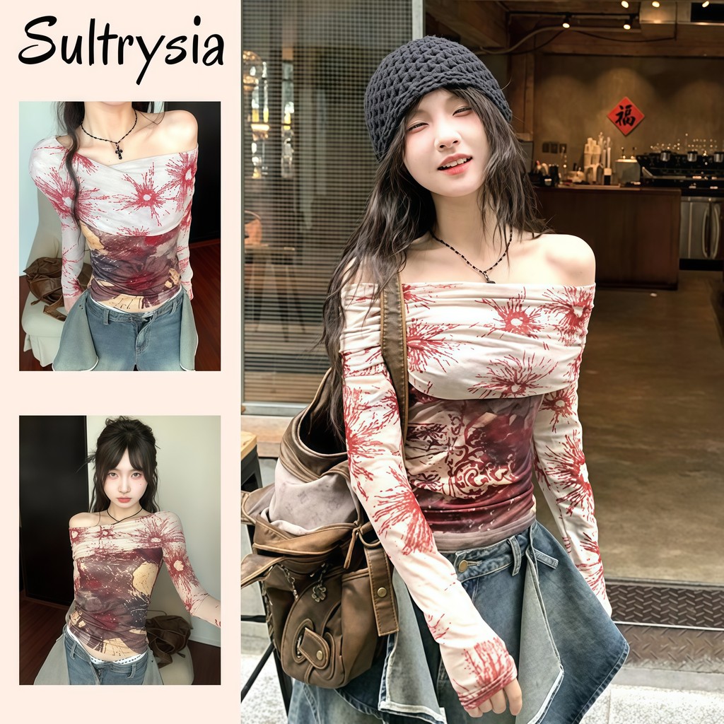 SultrySia เสื้อเปิดไหล่แขนยาว ลายโบฮีเมี่ยน ครีมแดง เข้ารูป ใส่สบาย ผ้านุ่ม สีแดง FY5012-0