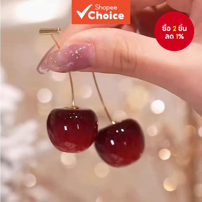 Fresh Cherry Drop ต่างหูน่ารักผลไม้ Dangle สําหรับผู้หญิงหวานสไตล์เรียบง่าย