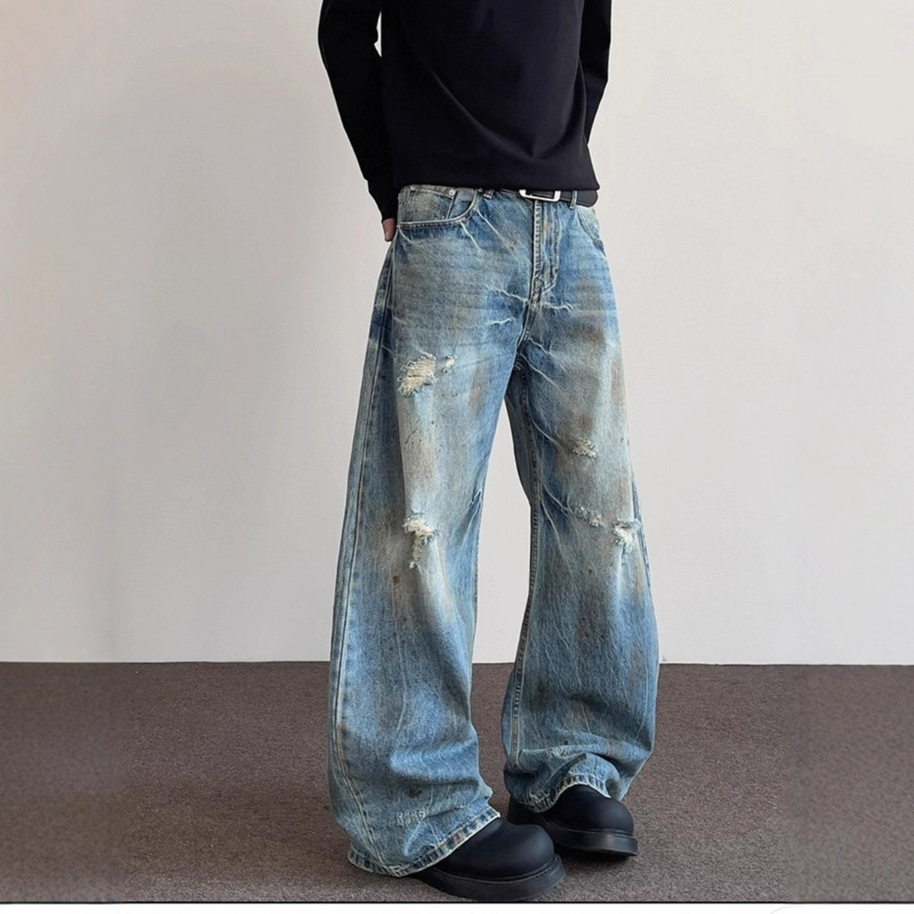 QCC7 Vibe American High Street Dirty Dyed Jeans Men's Ripped Long Pants Hip Hop Loose Design Scimita