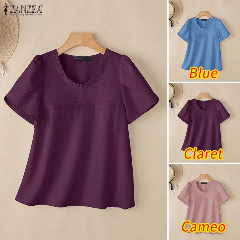ZANZEA เสื้อเบลาส์สไตล์เกาหลี อ่อนโยนและหวาน มีขอบคอลกรุบๆ และแขนพองแบบริฟเฟิล — صورة 3