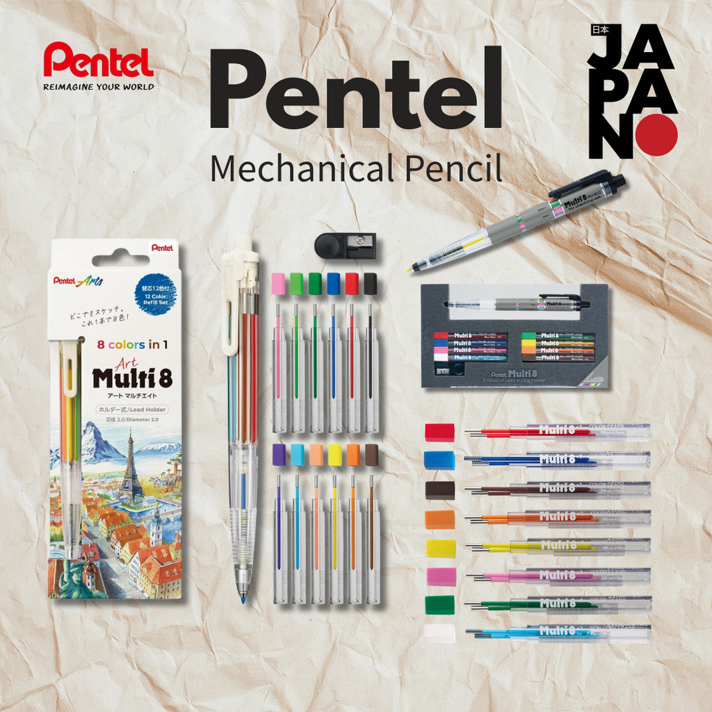 Pentel Art Multi 8 Replacement Lead Set with 8 Colors and Limited Original Sketchbook XPH804STSB