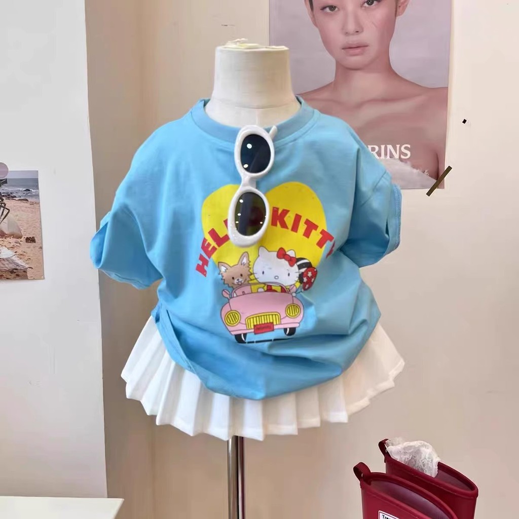 ฤดูร้อนสไตล์ใหม่สาวน่ารักแมวพิมพ์แขนสั้นเสื้อยืดเด็กผ้าฝ้ายแท้ลําลองครึ่งแขนด้านบน