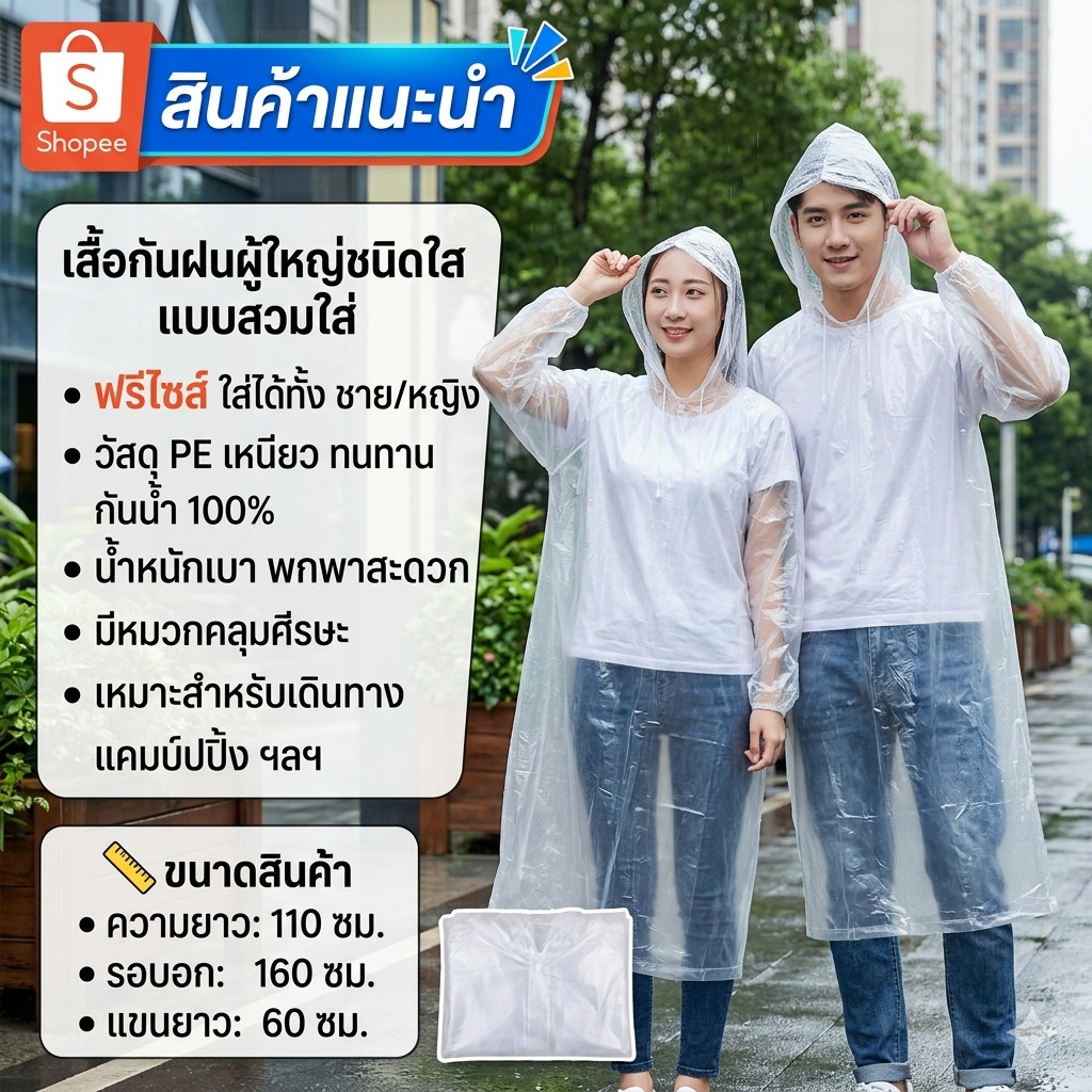 เสื้อกันฝนใส แบบพกพา ฟรีไซค์ เนื้อเหนียวทนทาน ง่านต่อการใช้งาน คละสี