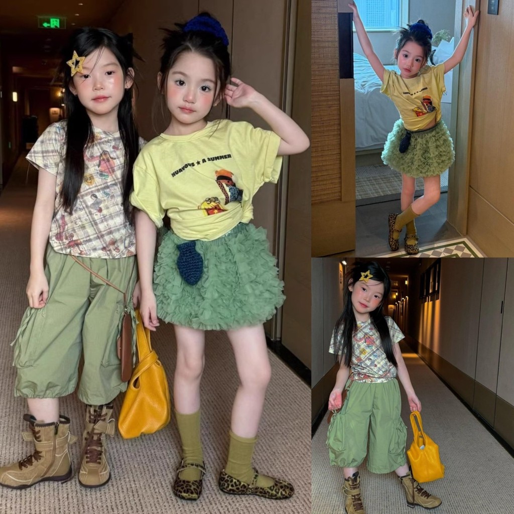 PRETTY BABY เสื้อยืดเด็ก เสื้อคอกลม ลายการ์ตูน กางเกงคาร์โก้ กระโปรงฟรุ้งฟริ้ง มีซับกางเกง(2211)