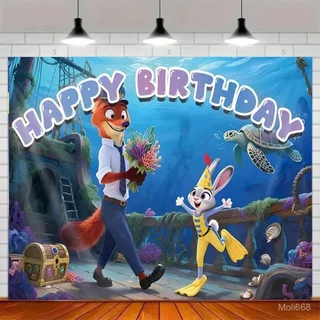 ฉากหลังผ้าสำหรับงานปาร์ตี้วันเกิดเด็กธีม Zootopia ตัวละคร Judy และ Nick ของขวัญธีมงานปาร์ตี้ ฉากหลังปรับแต่งได้