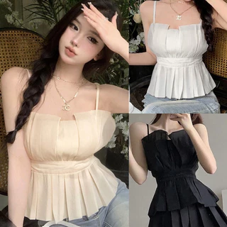 เสื้อสายเดี่ยวครอป งานผ้าชีฟอง แนวสาวเวียดนาม แต่งทรงเหลี่ยมเก๋ๆ รุ่นซิปหลัง สายสามารถปรับความยาวได้