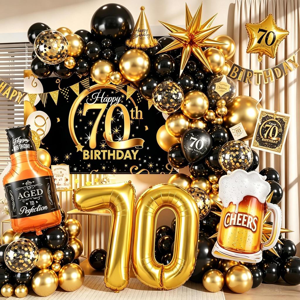 1 ชุด 70th Happy Birthday Party Decora และ 70th ลูกโป่งสีดําทองและ 32 นิ้ว Golden Number สําหรับ 50t