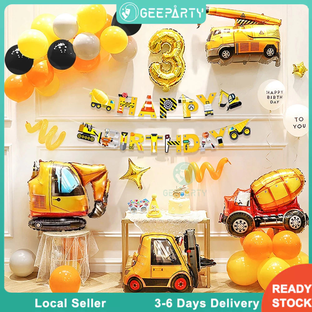 GeeParty ชุดลูกโป่งธีมก่อสร้าง 51 ชิ้น ลูกโป่งฟอยล์รถบรรทุก พร้อมแบนเนอร์ สำหรับตกแต่งงานเลี้ยงวันเกิด