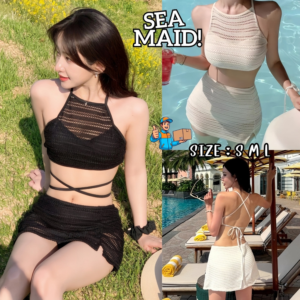 SEA MAID บิกินี่ 2 ชิ้น ชุดว่ายน้ำทูพีช เซ็ตเสื้อครอปถัก 🕶 มีไซส์ S-L  น้ำหนัก 38-58 กก. ส่งไว Y028