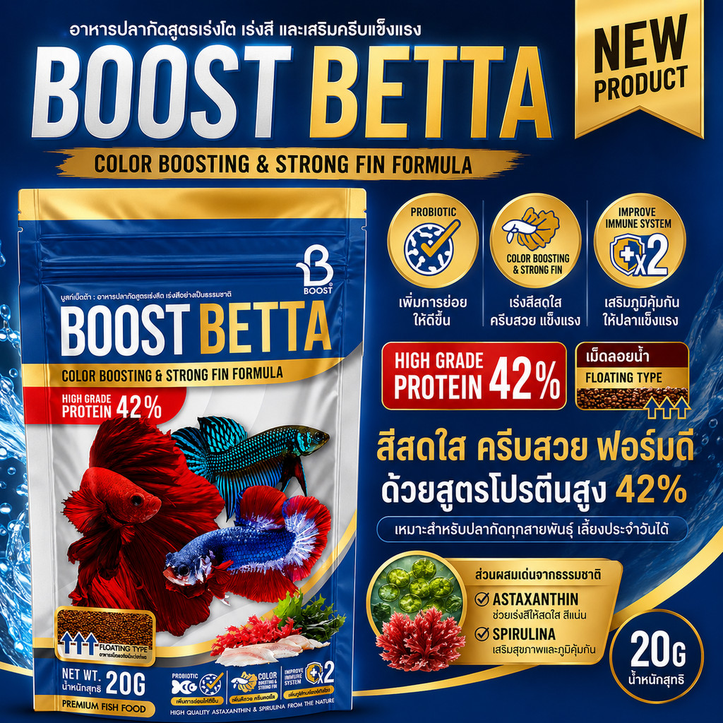 BOOST BETTA อาหารปลากัด เร่งสี ครีบสวย โปรตีนสูง 42%  Color Boosting  & Strong Fin Formula