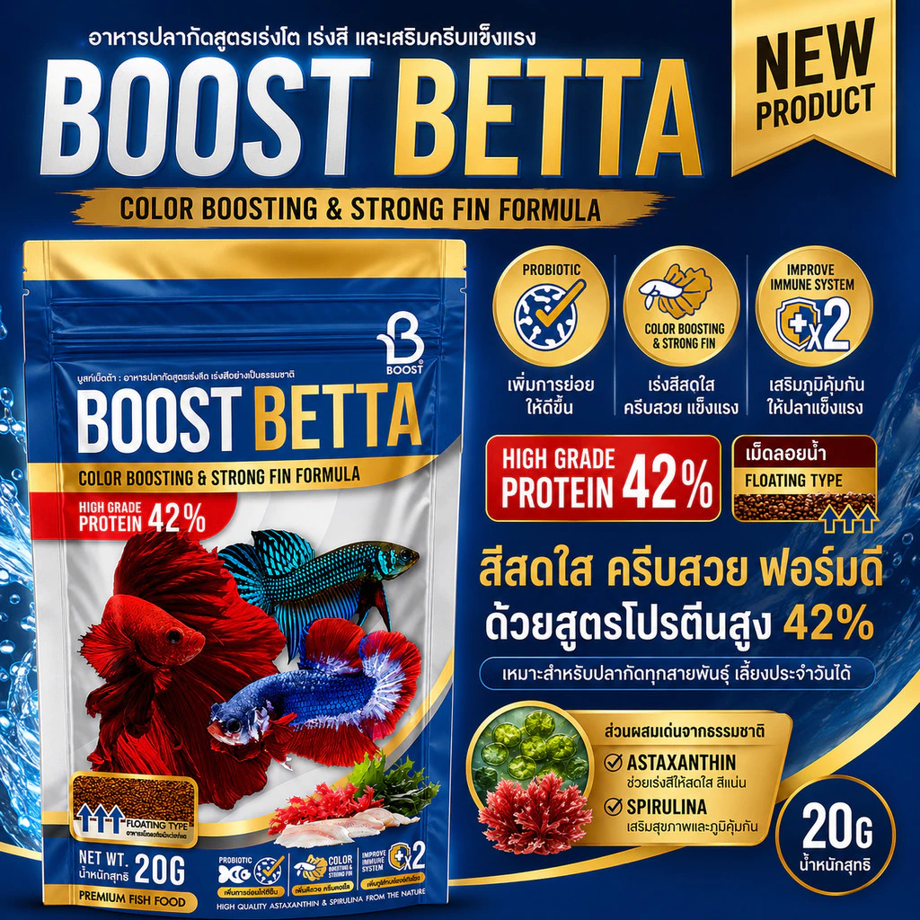 BOOST BETTA อาหารปลากัด เร่งสี ครีบสวย โปรตีนสูง 42% Color Boosting & Strong Fin Formula