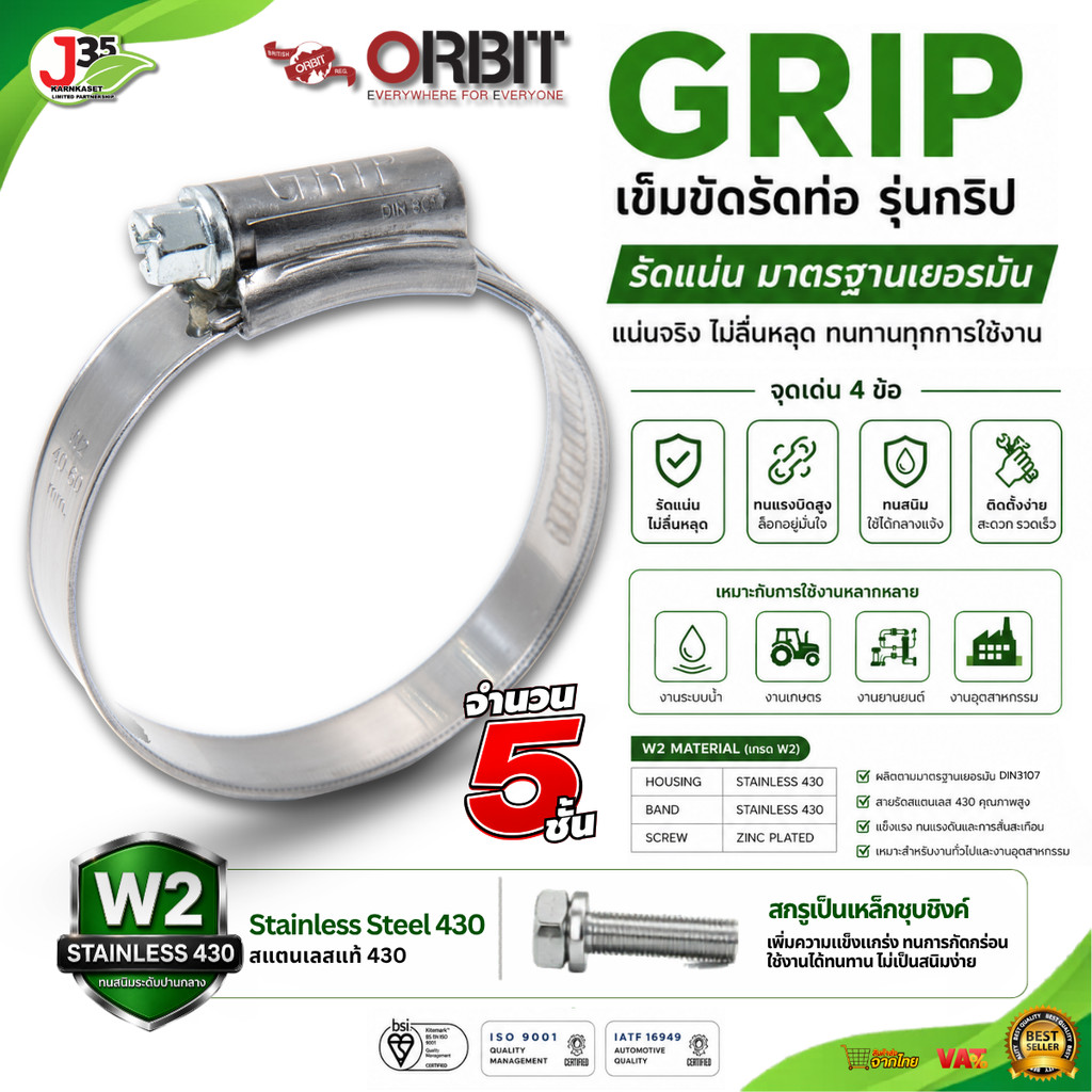 (5ตัว) ORBIT W2 เข็มรัด หัวเหล็ก สายสแตนเลส430 เข็มขัดรัดท่อ สายรัดท่อ เข็มขัดรัดสายยาง เข็มรัดสแตนเ
