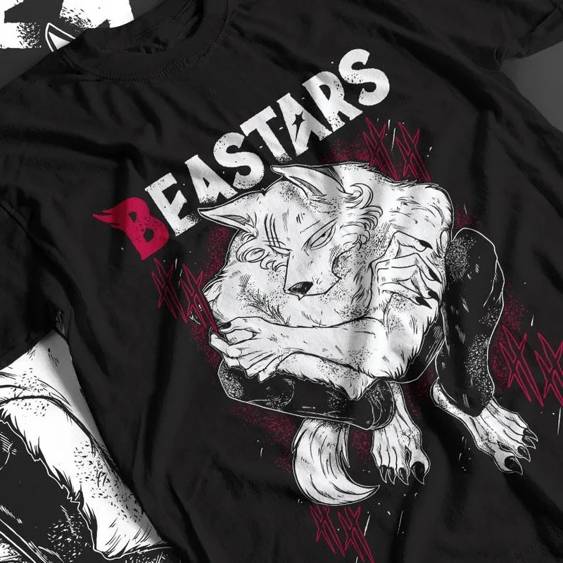 เสื้อยืดคอตตอน Beastars ลายสไตล์มังงะแบล็คแอนด์ไวท์กับสีแดง สีดำ S-5XL Unisex