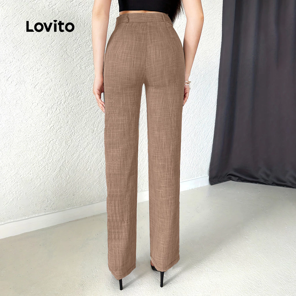 Lovito กางเกงเรียบร้อยติดกระดุม สีคากี L158ED033 thumbnail 3