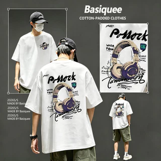 Basi💥เสื้อผู้ชาย เสื้อยืด oversize เสื้อฟอก วินเทจ สตรีท เกรดพรีเมียม เสื้อคอตตอน ไม่หดตัว ใส่สบาย ลาย "HEADPHONES"