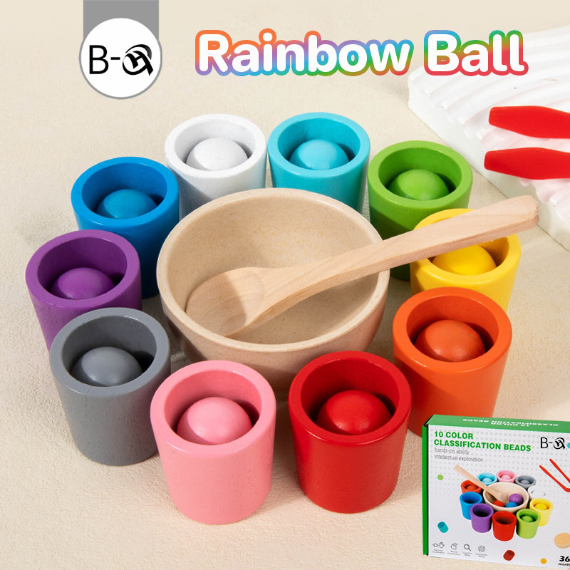 BHQ การจดจําสี Montessori Rainbow Ball ลูกบอลไม้ 10 สี และถ้วยสี สีรุ้ง ขนาดใหญ่ 25 มม.