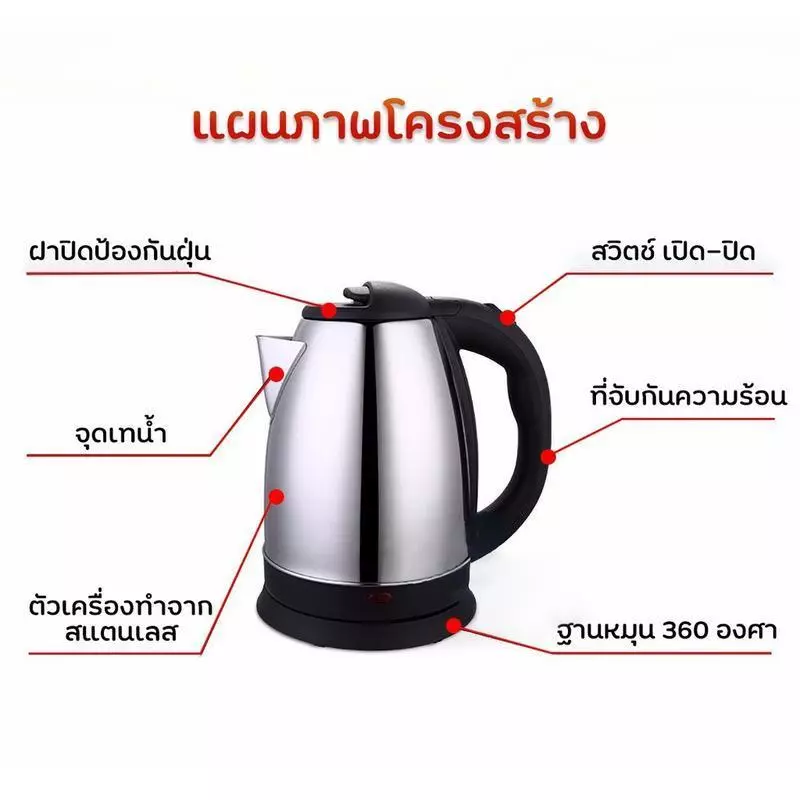 กาต้มน้ำ กาน้ำไฟฟ้า กาน้ำ2ลิตร กาต้มน้ำไฟฟ้าไร้สาย 1500Wกาต้มน้ำไฟฟ้า thumbnail 6