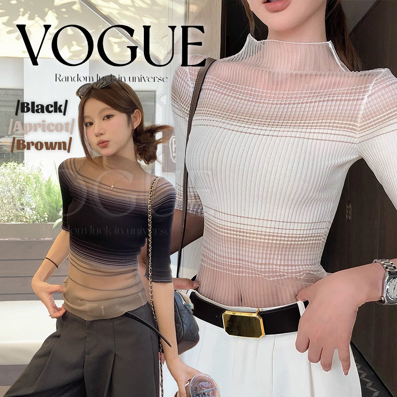 Vogue🌟พร้อมส่ง🌟 เสื้อแขนยาว ไหมพรม ดีเทลลายทางไล่สียืดพอดีตัว (BK3107)