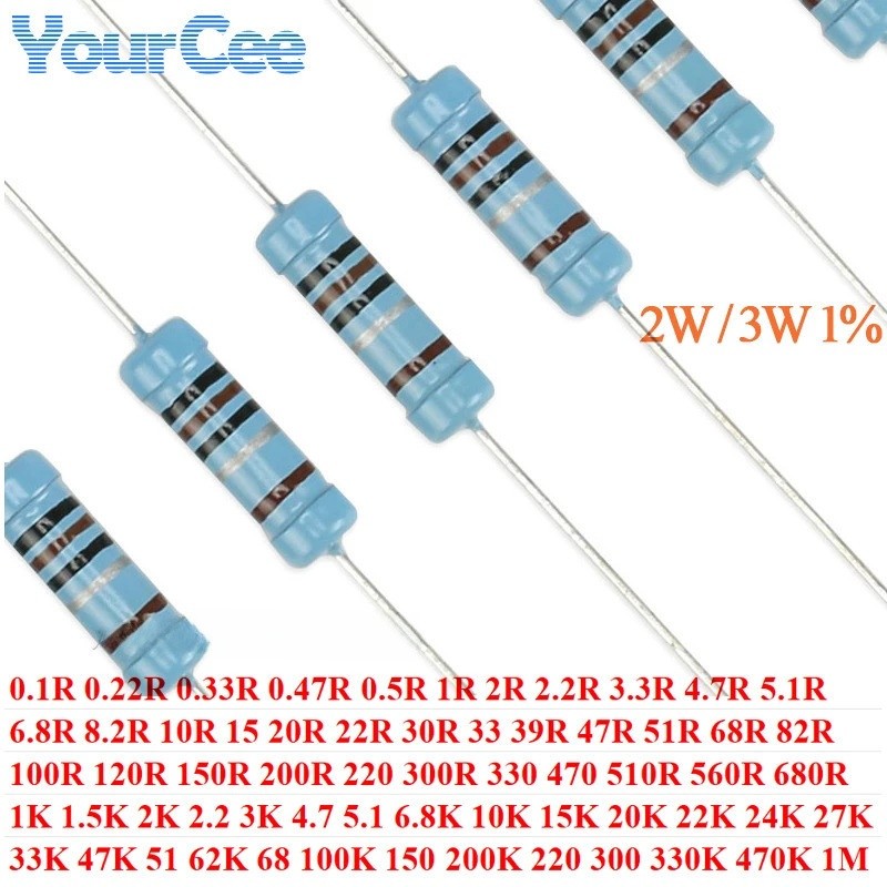 20pcs 2W 3W ตัวต้านทานฟิล์มโลหะ 1% 0.1R 0.22R 0.33R 0.5R 47K 120K 10R 100K 3.3R 33K 220R 62 82R 8.2R