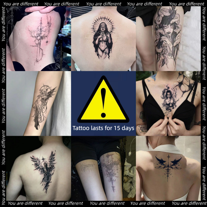 Black Angel Series Tattoo สาวเซ็กซี่กลับพืช Tattoo กันน้ํา Tattoo สติกเกอร์ติดทนนาน 15 วันสติกเกอร์ผิวชั่วคราวสักปลอม