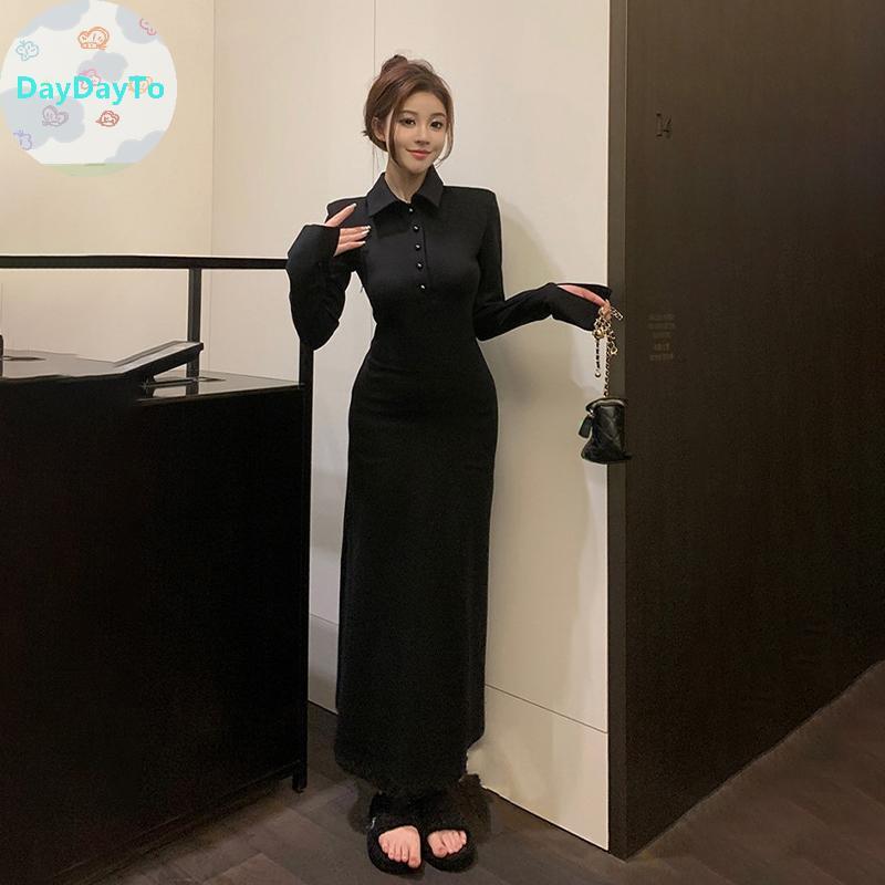 DayDayTo ck ชุดสตรีฤดูใบไม้ร่วงปุ่มปกครึ่งเปิดคอยาวแขนยาวชุด TH