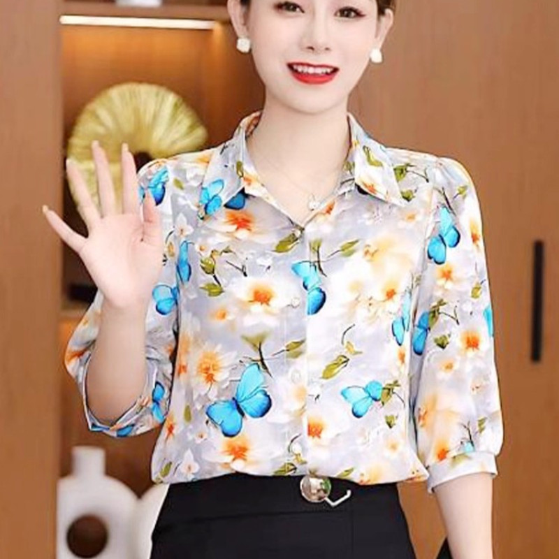 เสื้อเชิ้ตลายดอกไม้ผู้หญิงเสื้อเชิ้ตแฟชั่นคอปกประกบสไตล์เกาหลี