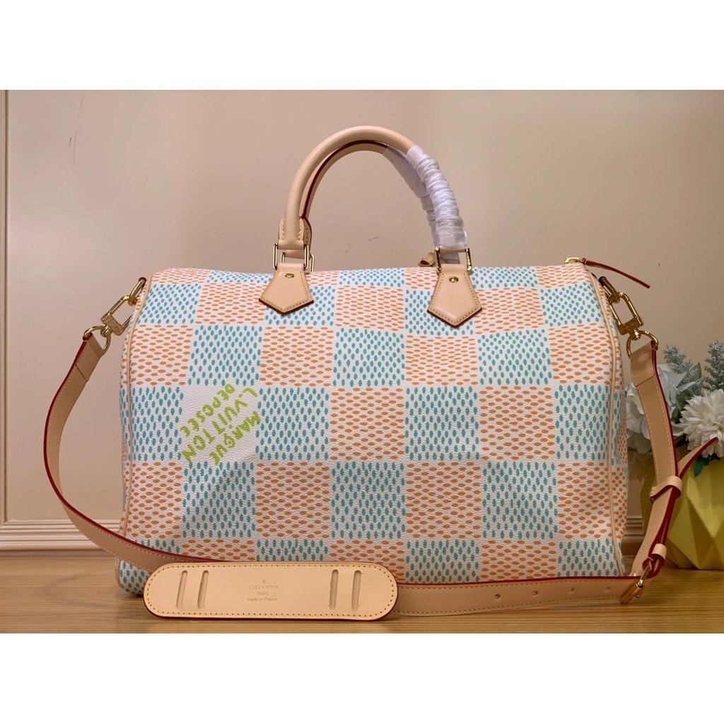 Louis Vuitton SPEEDY P9BANDOULI RE40 กระเป๋าถือ N40698 ลายสก๊อตสีชมพูและสีน้ําเงินกระเป๋าเดินทาง 40 