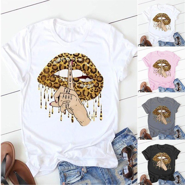 เกาหลี เกาหลี 20262024Cross-Border wish Lip พิมพ์รูปแบบรอบคอแขนสั้นเสื้อยืดผู้หญิงแฟชั่น All-Match C