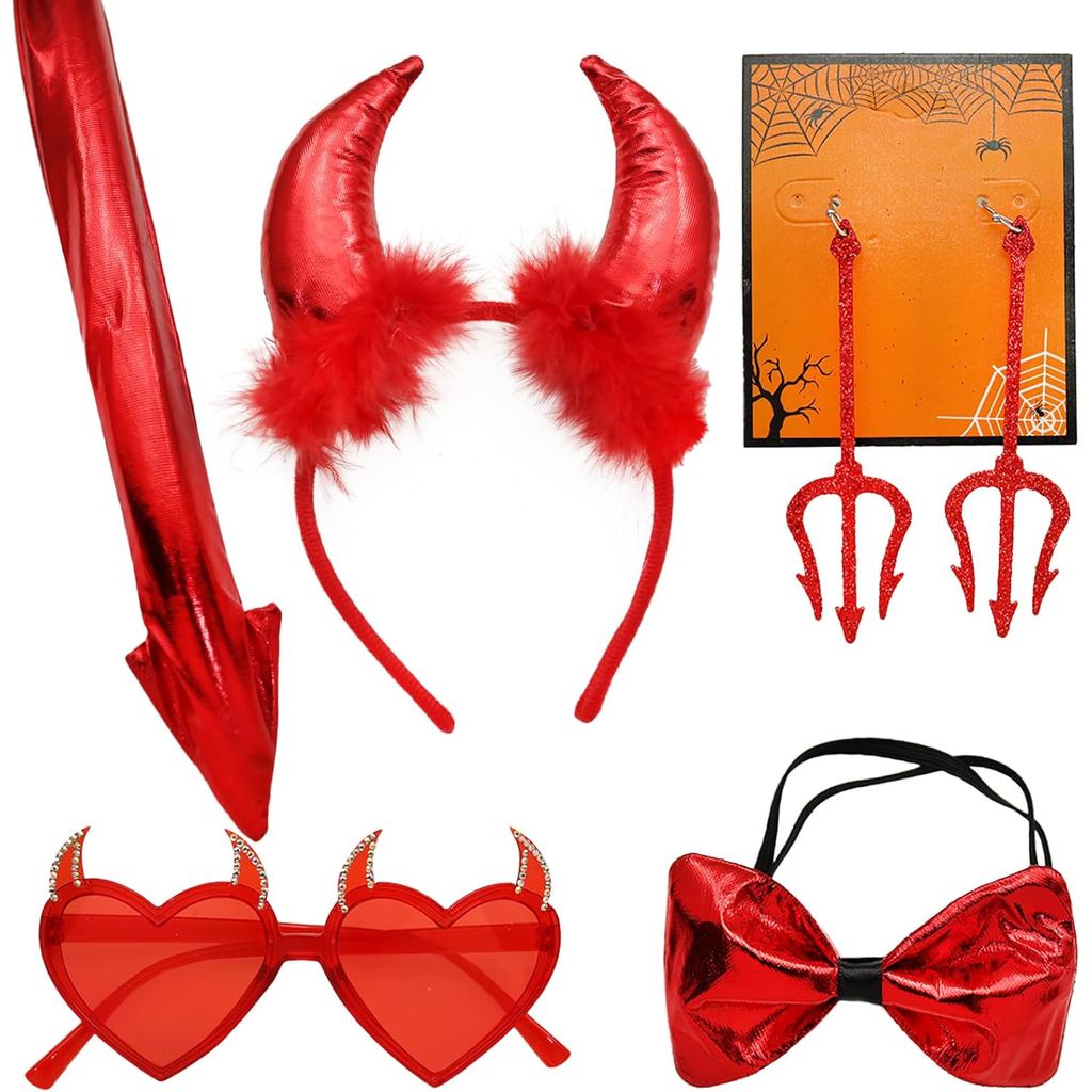 5 ชิ้นฮาโลวีน Devil Horns ชุดอุปกรณ์เสริม Demon Horns แถบคาดศีรษะ Bowtie หาง Devil Pitch Fork ต่างหู