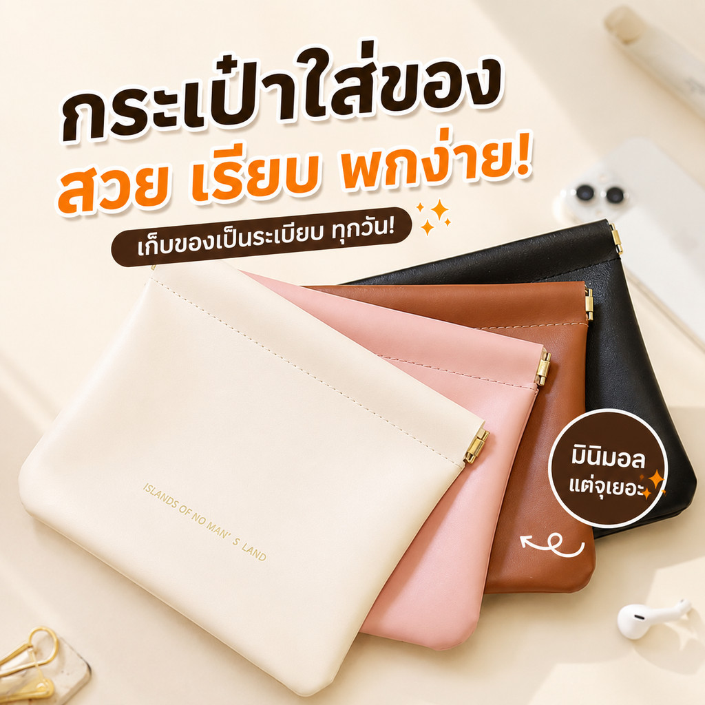 กระเป๋าหนัง PU กระเป๋าเครื่องสำอาง กันน้ำ ขนาดเล็ก พกพาสะดวก ใส่เหรียญ หูฟัง ลิปสติก 4สี พร้อมส่ง