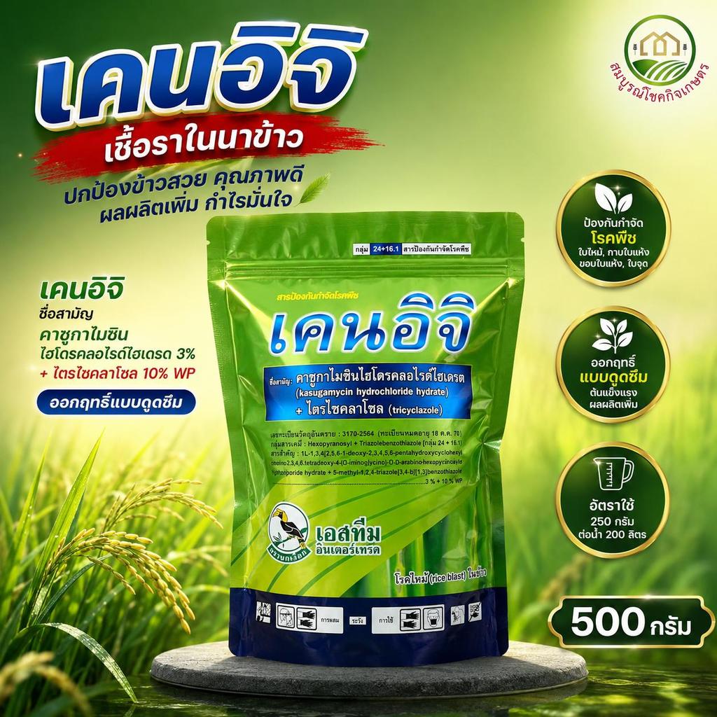 เคนอิจิ (คาซูกาไมซินไฮโดรคลอไรด์ไฮเดรต+ไตรไซคลาโซล) ขนาด 500 กรัม กำจัดโรคใบไหม้ กาบใบแห้ง ใบจุด ขอบใบแห้งในนาข้าว