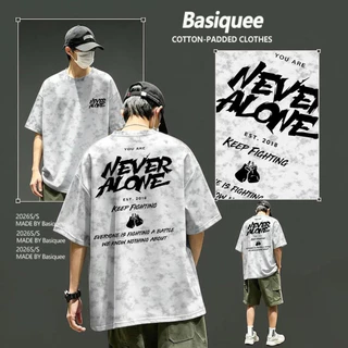 Basi💥เสื้อแฟชั่น เสื้อยืด oversize ผ้าฝ้าย100% แนวสตรีท ไม่ต้องรีดผ้า สวมใส่สบาย ผ้านิ่ม ลาย "NEVER ALONE"